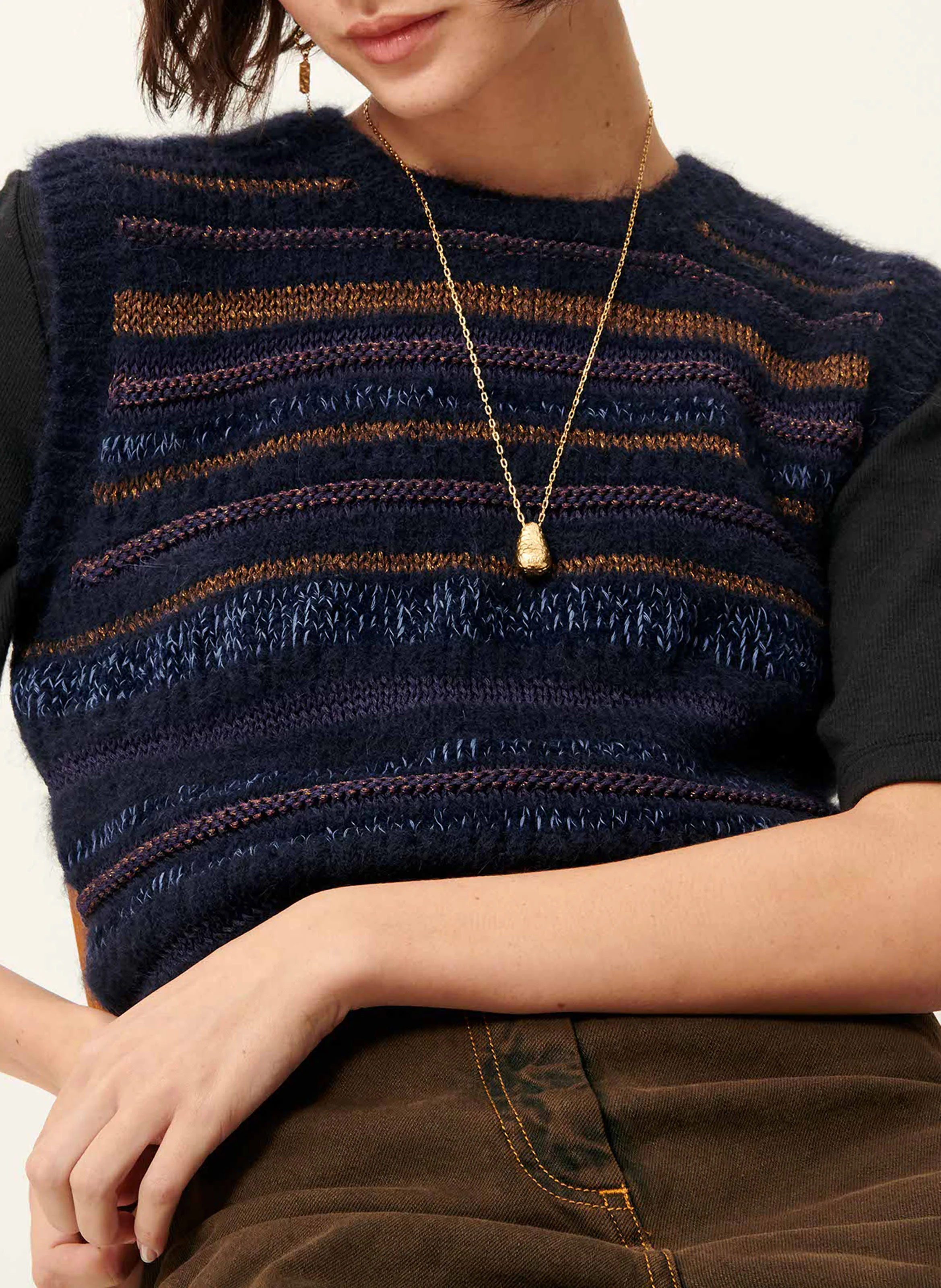 VALNO - Pull sans manches à rayures fantaisies | Bleu