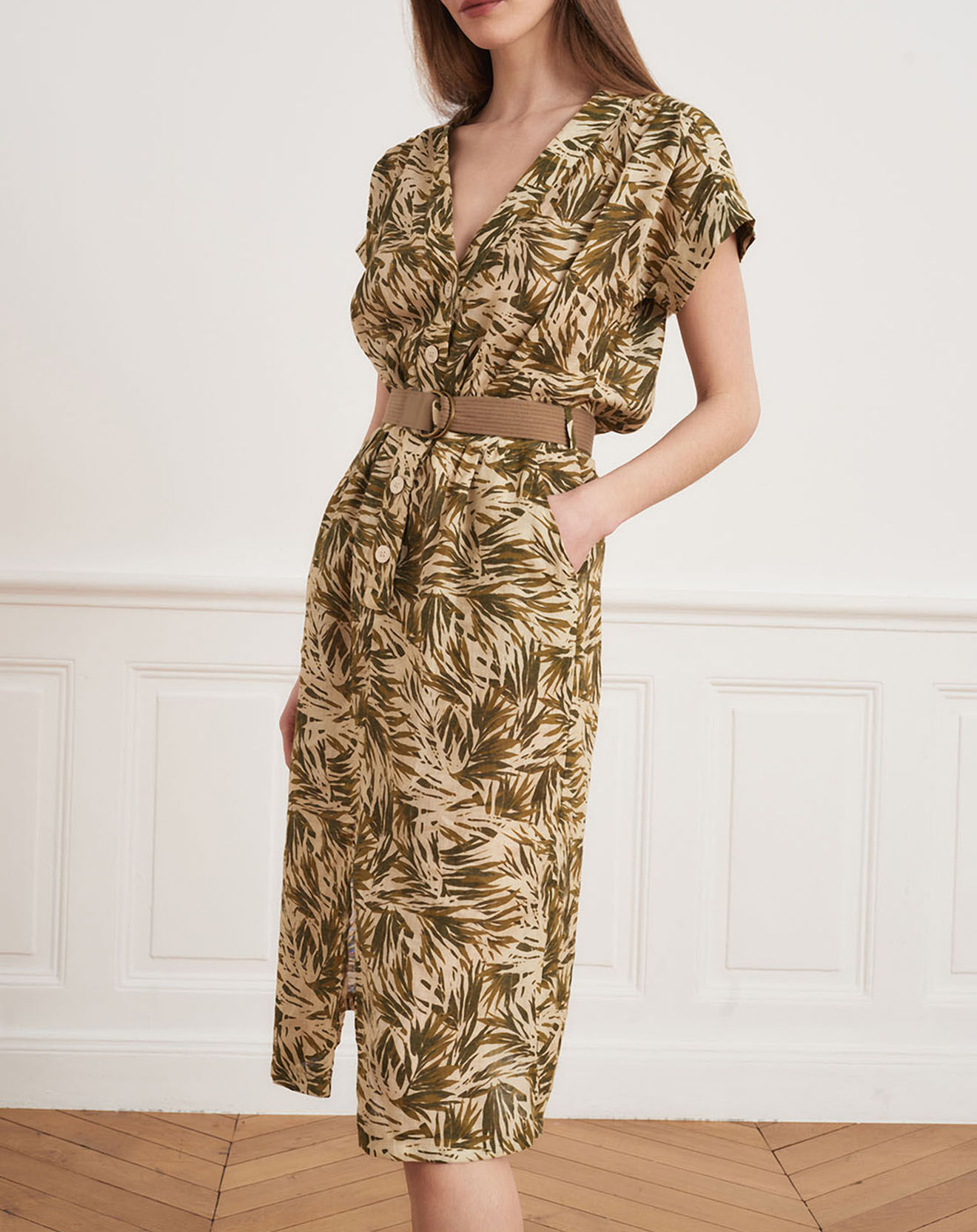 La Petite Francaise Robe 100% Lin Roberte feuillage beige/kaki