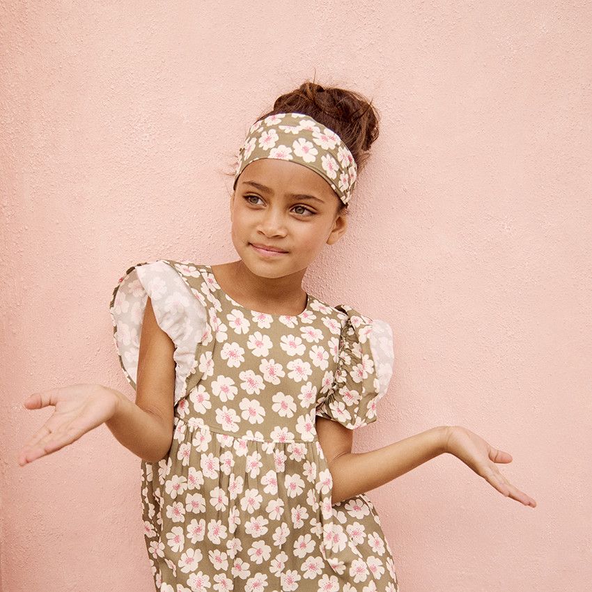 Robe manches courtes évasées imprimé fleurs pour fille - Vert