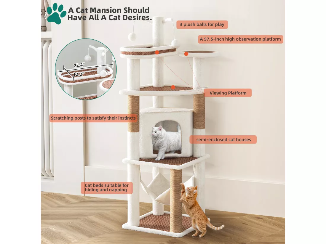 YITAHOME Arbre à Chat - 155 cm - Griffoir - à 4 niveaux - Tour d'escalade pour Chat d'Intérieur - Tissage en rotin - Blanc