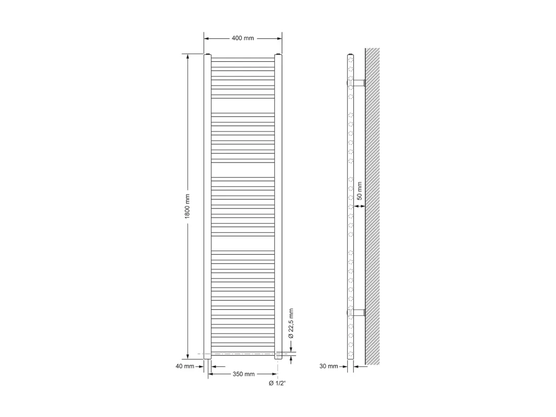 Radiateur sèche-serviette forme droit acier noir mat connexion latérale 40x180cm