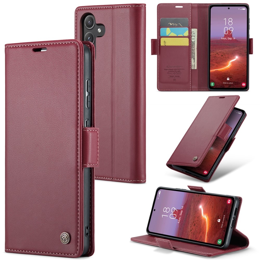 Samsung Galaxy A55 Leder Tasche Flip Wallet Etui mit Kartenfächern Litchi Look (RFID Schutz) - Dunkelrot