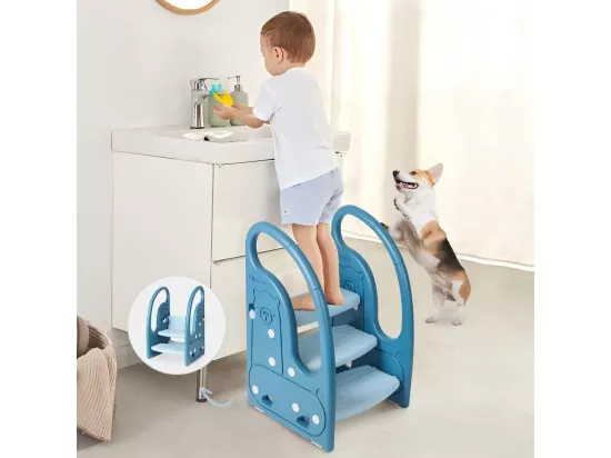 Marchepied Enfant 3 Marches Antidérapant pour Apprentissage de la propreté, Tabouret Bébé Bleu, Structure Triangulaire, Rehausseur Stable