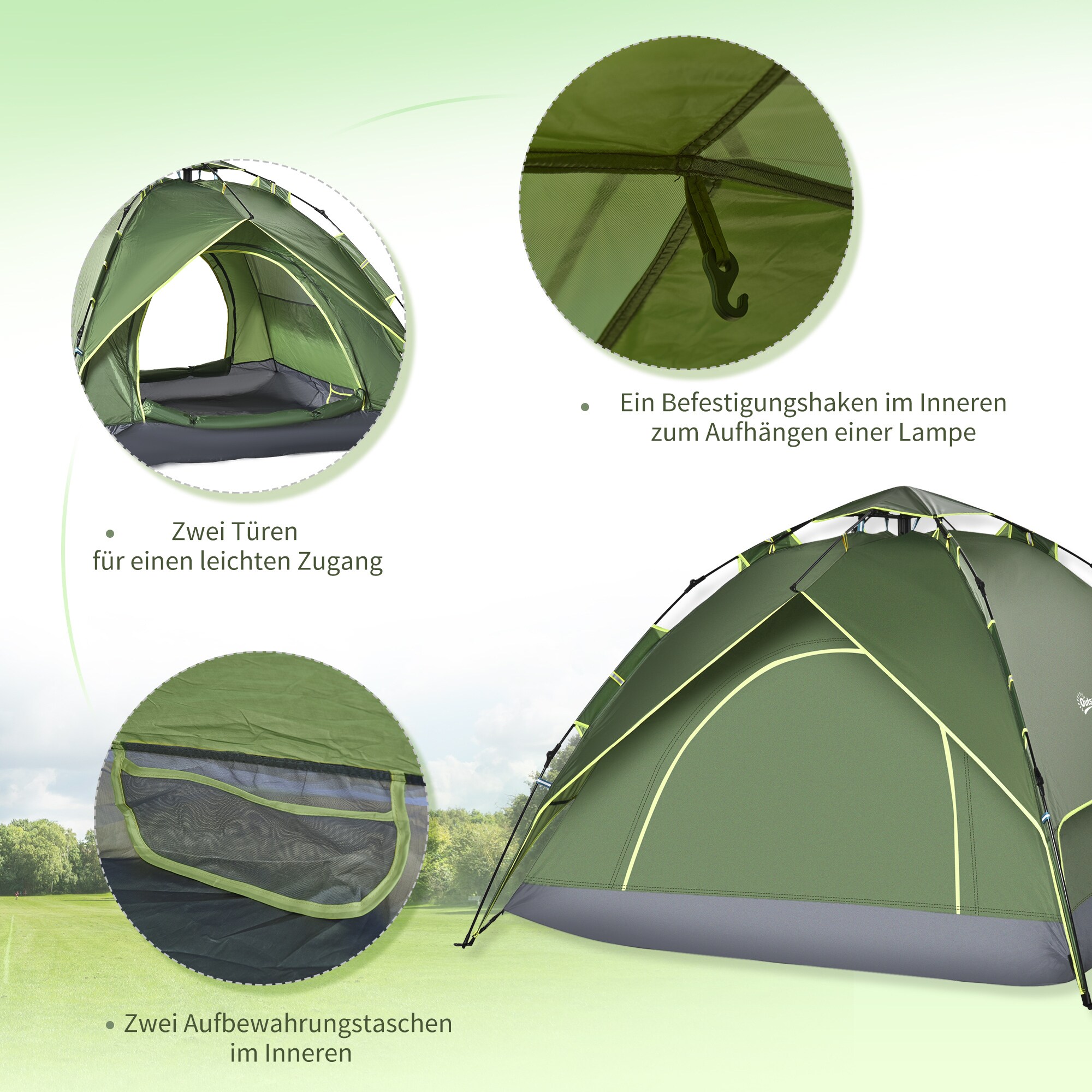 Outsunny Quick-Up-Zelt für 2 Personen + 1 Kind dunkelgrün 210 x 210 x 140 cm (LxBxH)