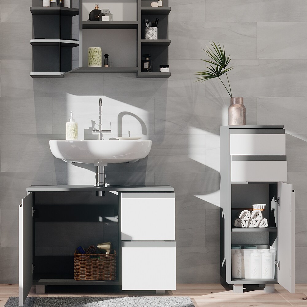 Vicco Badmöbelset J-shape Anthrazit Weiß modern Badezimmer Schrank Badschrank Waschtischunterschrank Spiegelschrank Midischrank Schranktür Schrankschublade Schrankfach Ablage Aufbewahrung