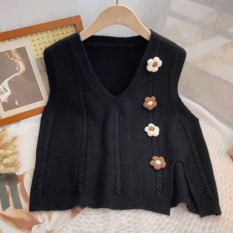 FR - V-hals bloemengebreid vest