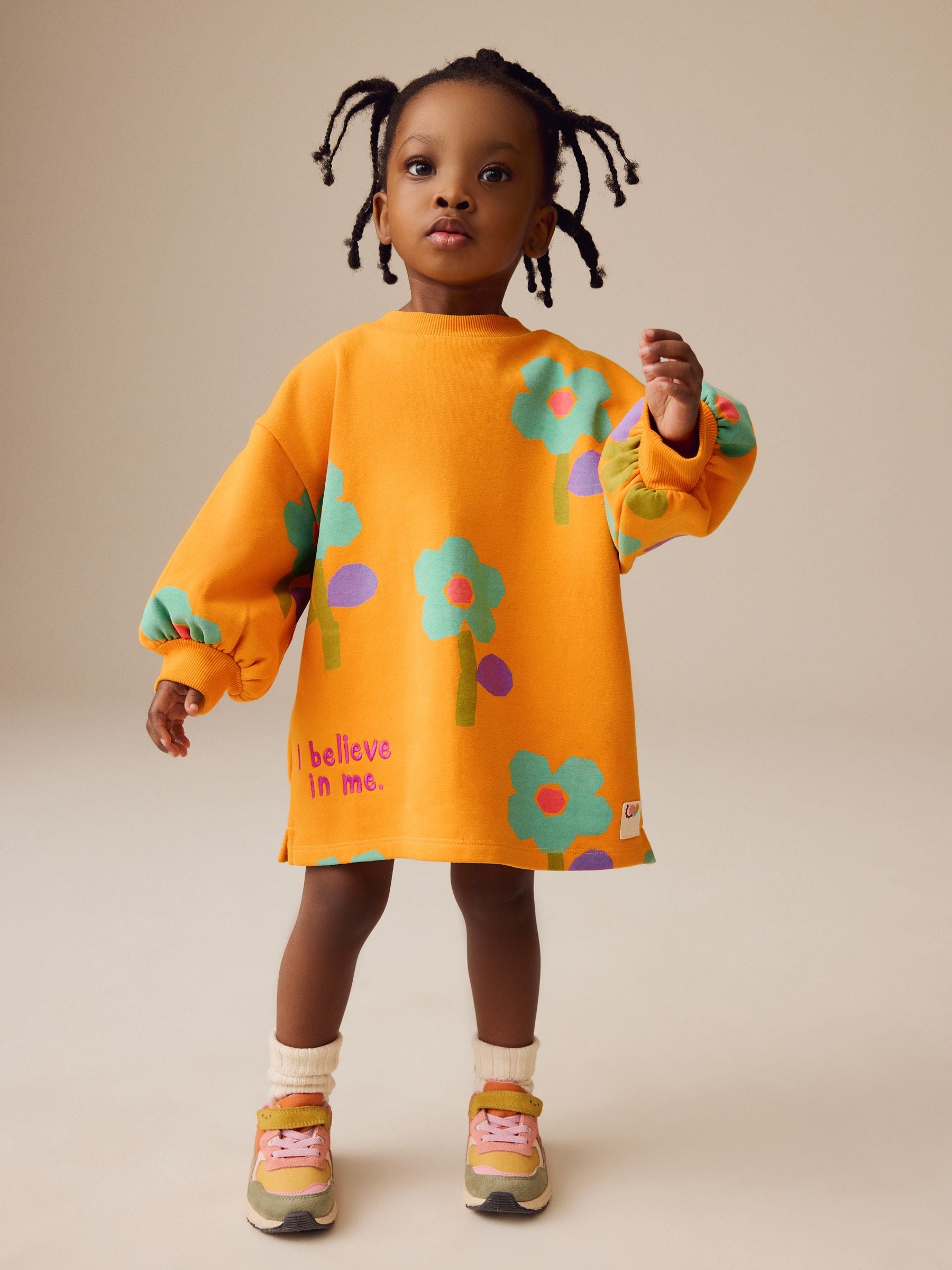 Oranje met bloemen - Sweaterjurk met lange mouwen (3 mnd-7 jr)