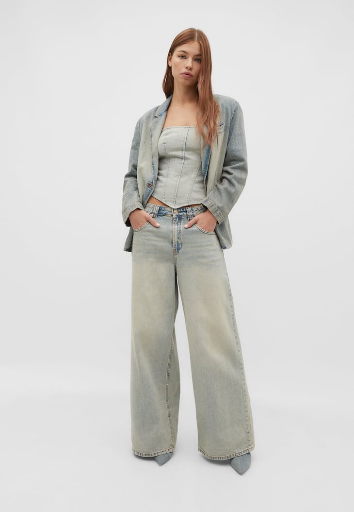 calças jeans de perna super larga