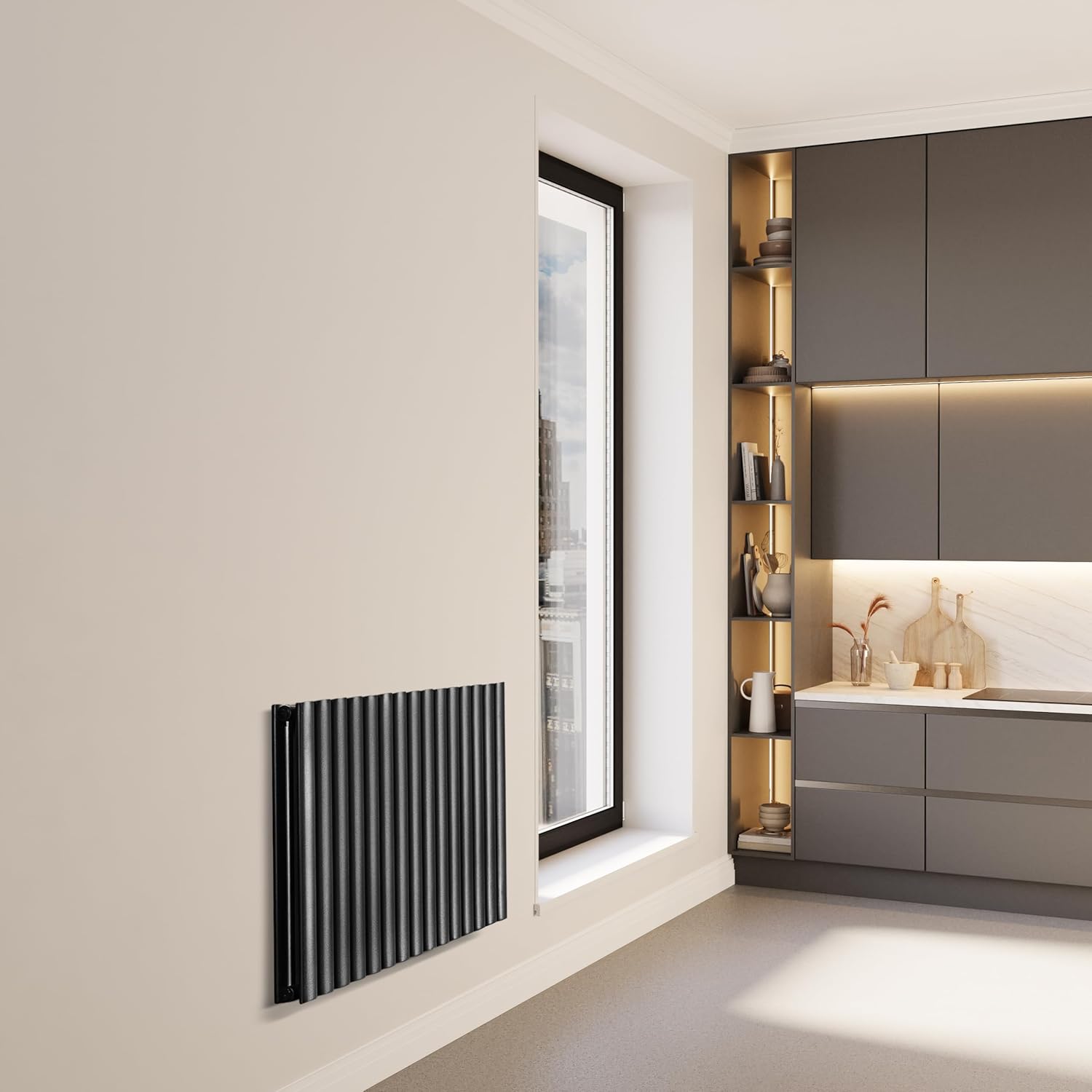 VILSTEIN Design Heizkörper Flach, Flachheizkörper, Paneelheizkörper, Wandheizkörper, Mittelanschluss & Seitenanschluss, Schwarz, Doppellagig, 1210W, Horizontal, 60x90 cm