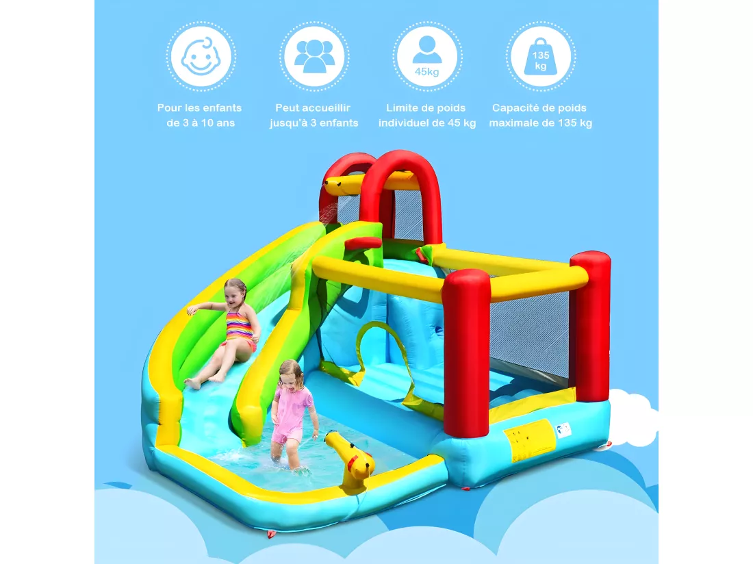 Château Gonflable Aquatique 6 en 1 avec Toboggan Incurvé, Maison de Rebond avec Mur d'escalade, Canon à Eau, Panier de Basketball, Charge 135kg pour 3 Enfants de 3-10 Ans(sans souffleur)