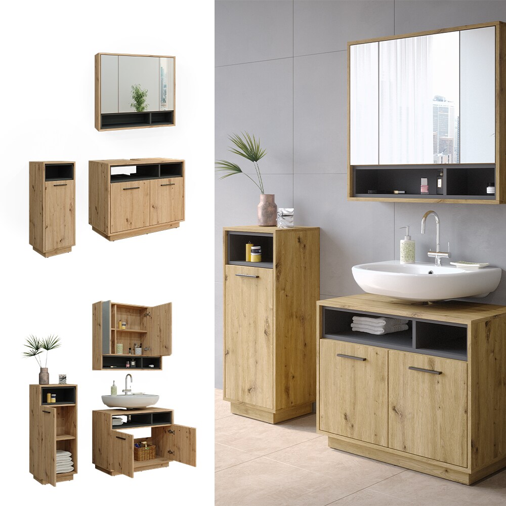 Vicco Badmöbel-Set Badezimmer-Möbel Bad-Schrank Beatrice Eiche Anthrazit modern Badezimmerschrank Waschtischunterschrank Spiegelschrank Midischrank Schranktür Schrankfach