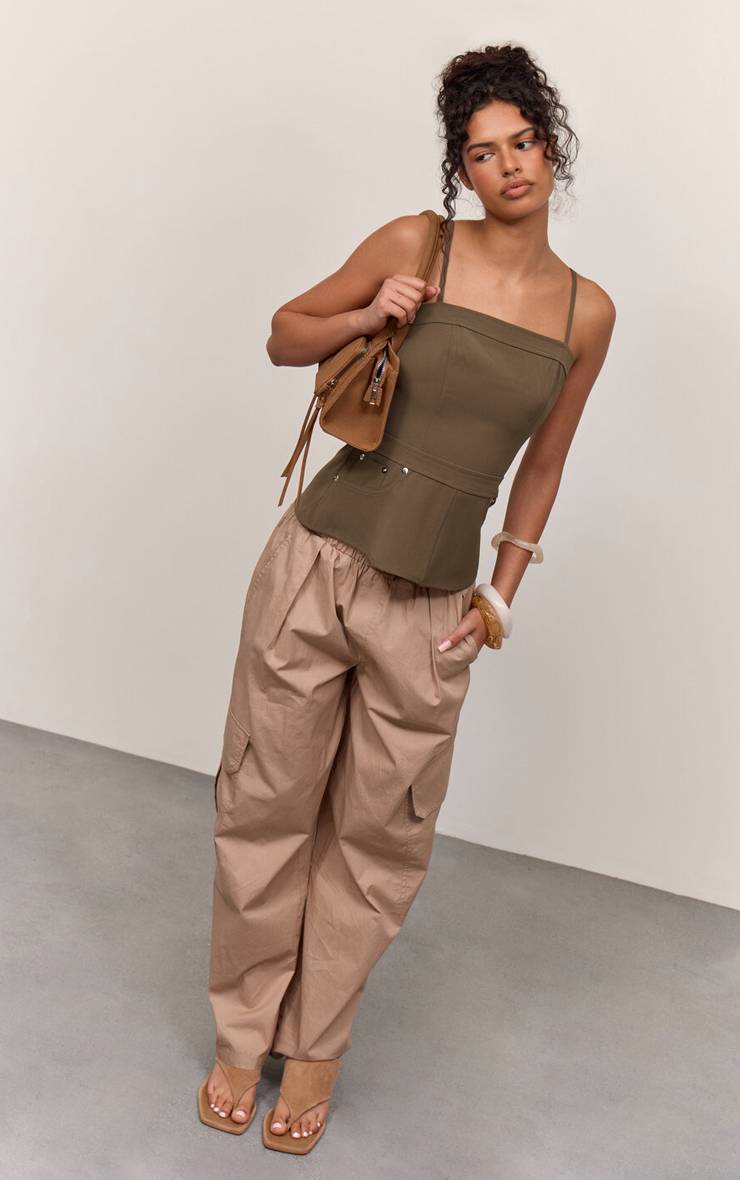 Kaki Top Corset Tissé Avec Détails Cargo