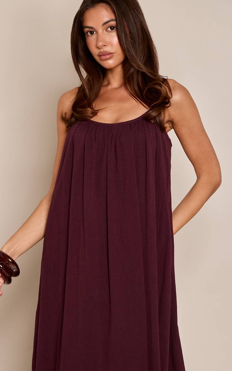 Marron Robe Longue Évasée À Encolure Arrondie Aspect Lin Texturé