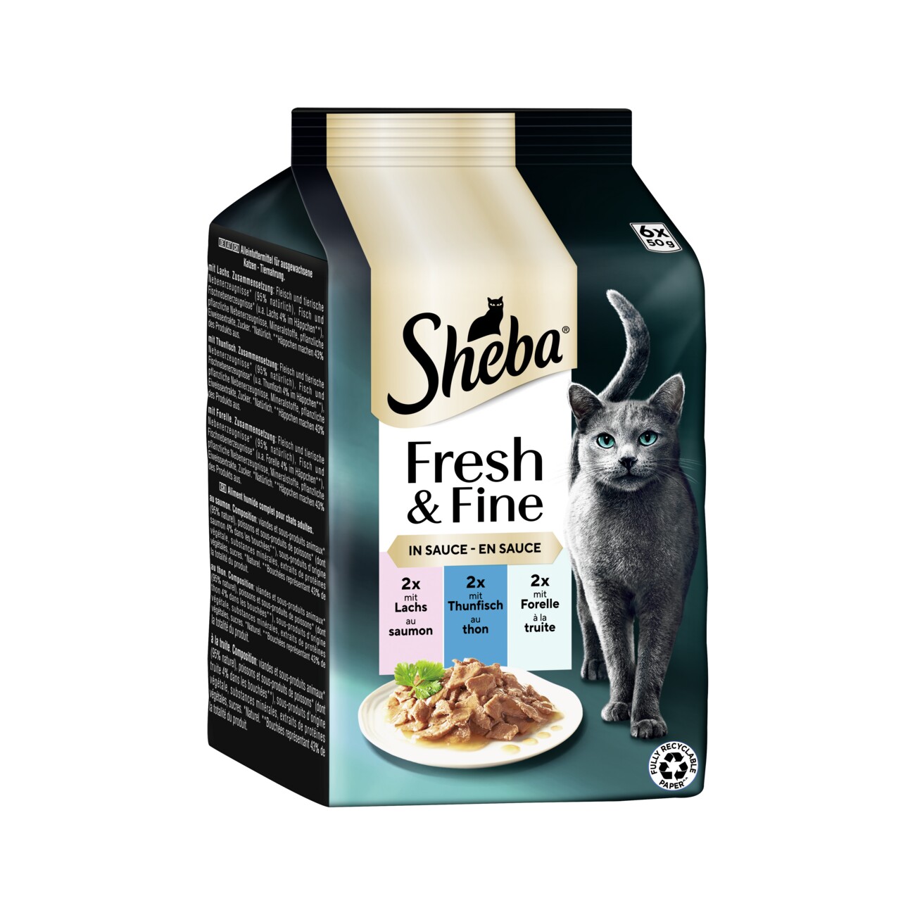 Sheba Fresh & Fine Nassfutter Katze Adult, Multipack, in Sauce 36x50 g Lachs, Thunfisch und Forelle