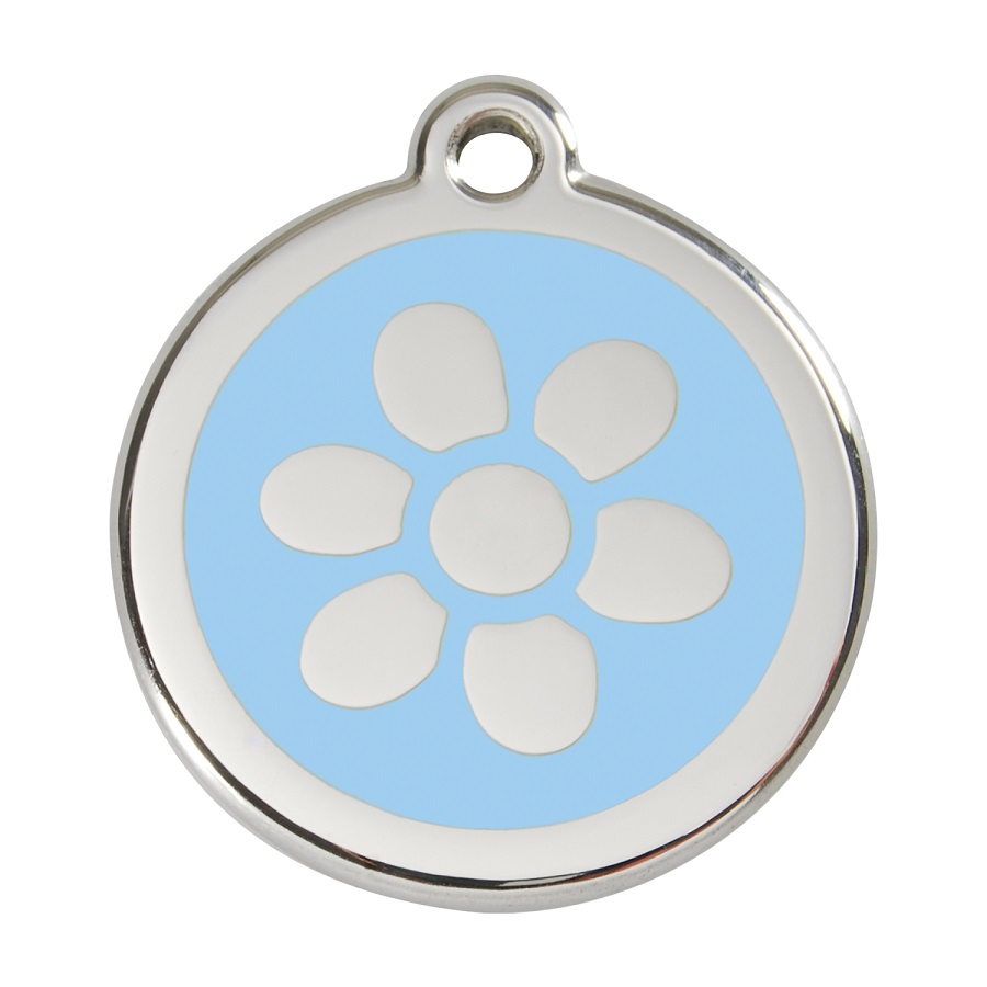 Placa de identificação para cães em aço inoxidável com esmalte de flor azul claro