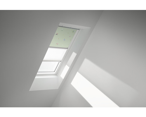 VELUX Advantage Set: Verduisterend rolgordijn Kids Groene Sterren en Plisségordijn Wit Handmatig Frame Wit DFD C02 4661SWL