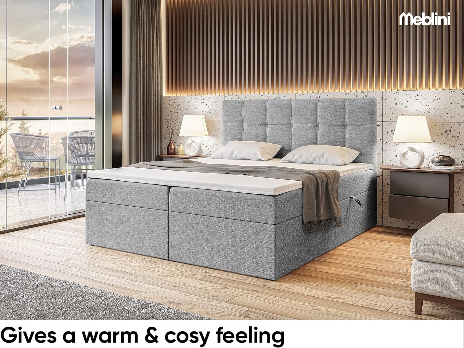 MEBLINI Boxspringbett mit Bettkasten - Gepolstert Doppelbett mit Matratze und Topper - Polsterbett mit Stauraum - Bett mit Kopfteil - Stauraumbett - NILS - 180x200 - H3/Grau Webstoff