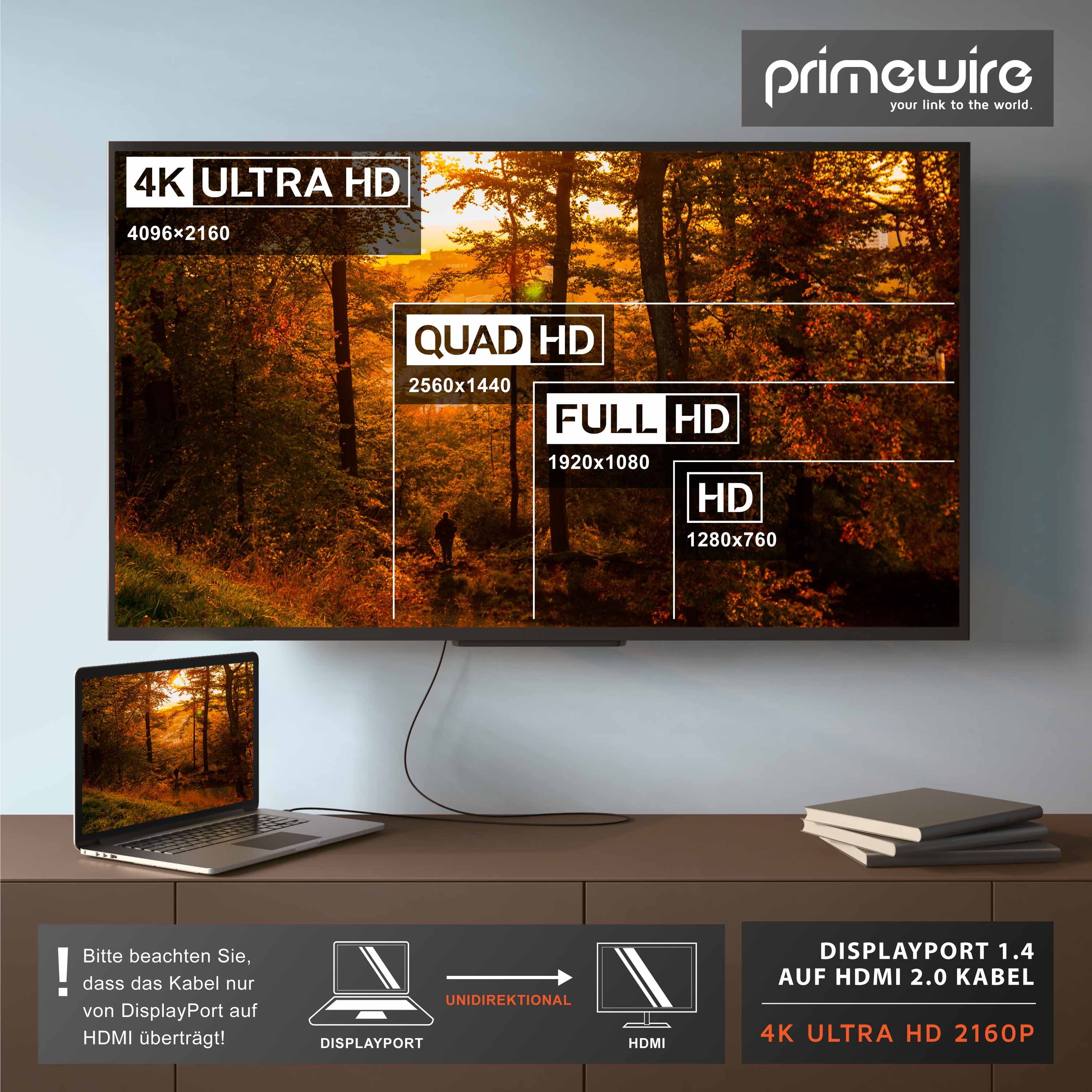 Primewire Premium DisplayPort auf HDMI Konverterkabel Adapterkabel 4K 3840 x 2160 @ 60 Hz - 1m