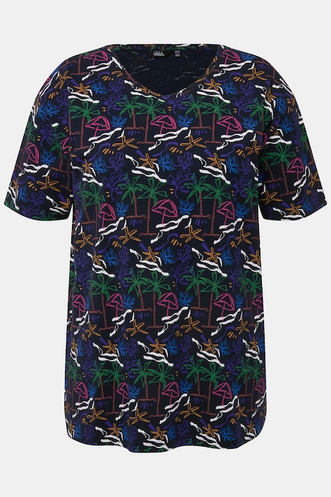 T-Shirt, maritimer Druck, A-Linie, V-Ausschnitt, Halbarm