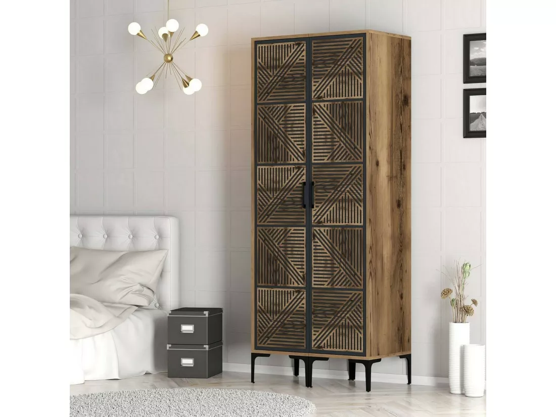 Garde-robe 2 portes Dbonanse, Meubles de chambre, Penderie de plain-pied, Placard à vêtements, 80x201h48 cm, Noyer et Anthracite