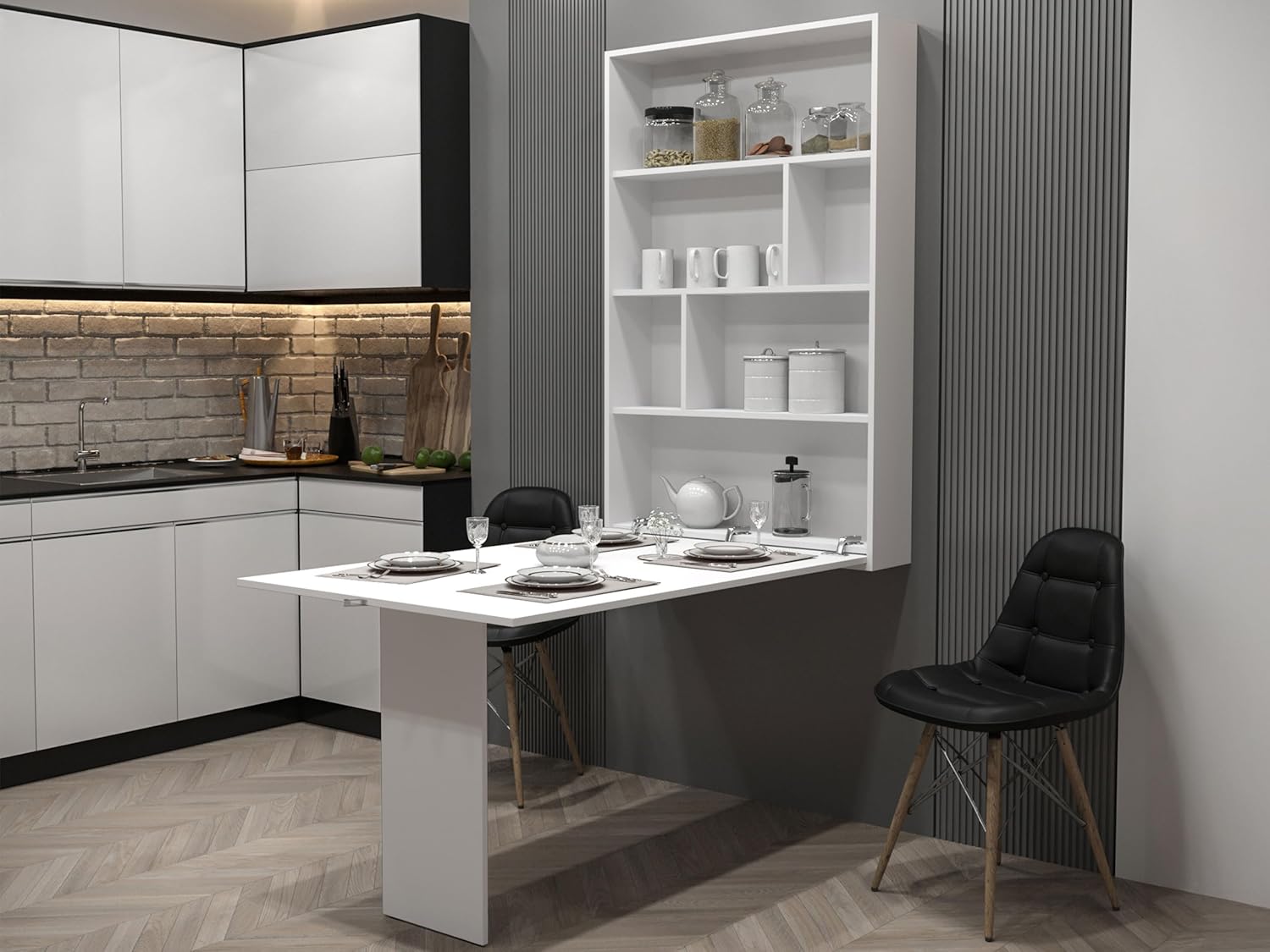 Mirjan24 Wandtisch Albi, Wandklapptisch mit 2 Regalen, V-Tisch, Esstisch, Tisch ideal für Esszimmer, Küche, Klapptisch, Bartisch (Weiß)