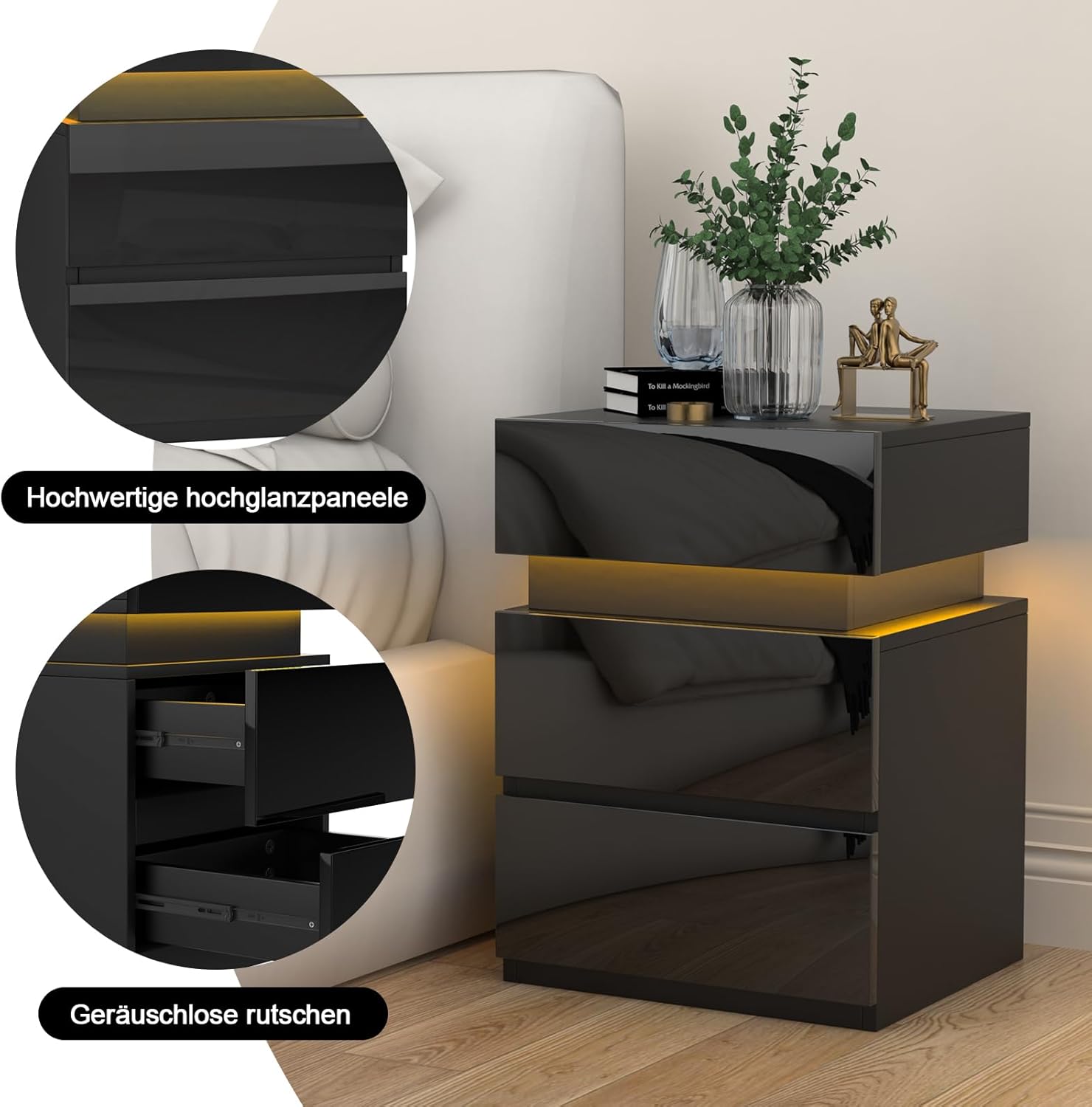 2er Set Nachttisch mit LED-Beleuchtung, Nachttisch Schwarz Hochglanz Beistelltisch, Einstellbare Farben, Sofatisch 3 Schubladen, Nachtschrank Schlafzimmer, 35x40x55cm, Schwarz