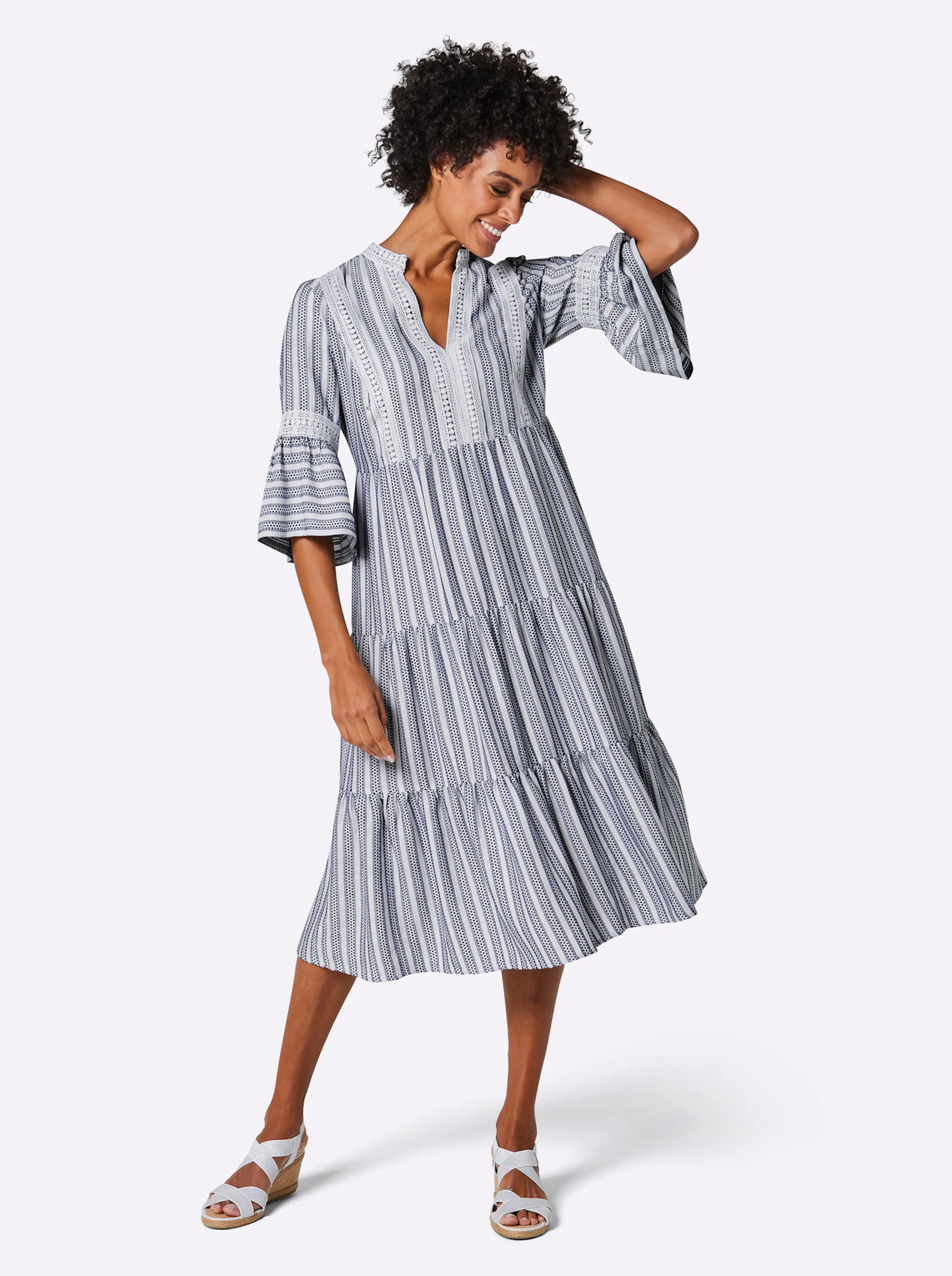 CREATION L PREMIUM Lyocell-Leinen-Kleid in weiß-royalblau-gestreift