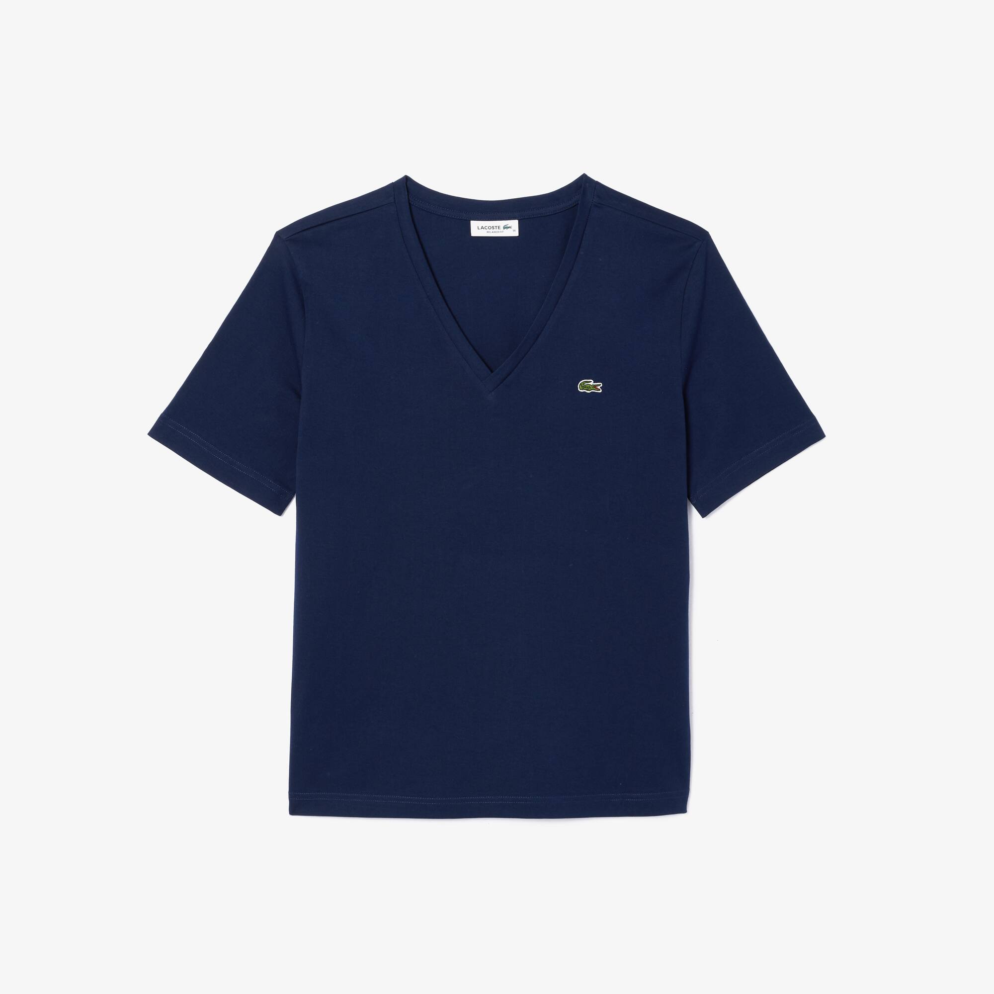 T-shirt relaxed fit en jersey de coton doux col V T-Shirts - Bleu - Lacoste - Femme