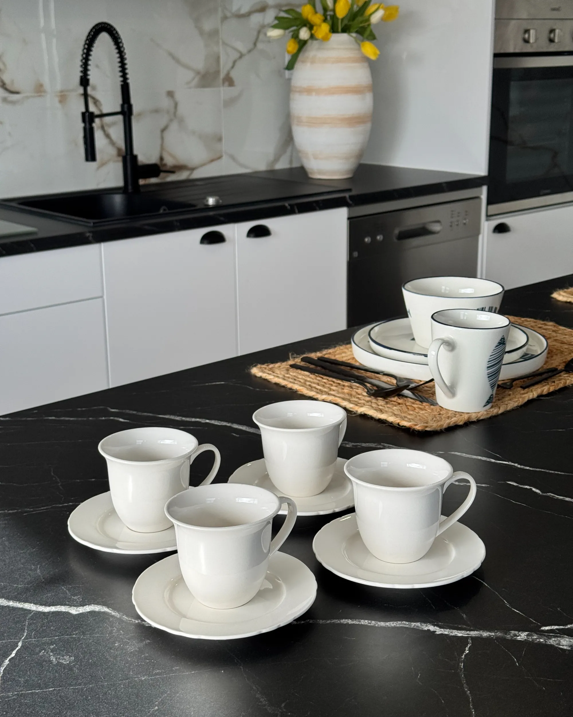 Set van 8 kopjes met schotels ELDERBERRY Porselein Wit