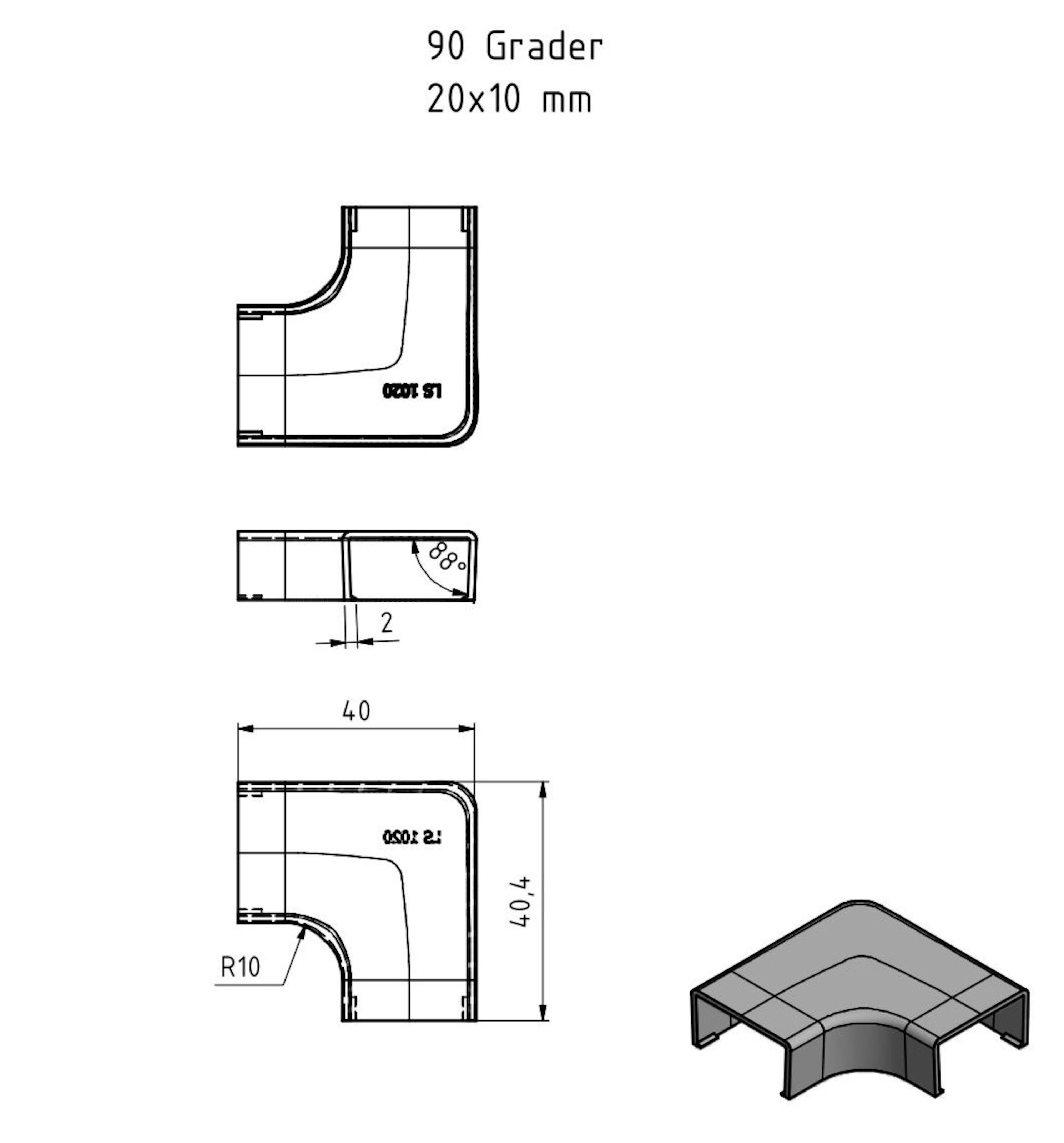 Vinkel for kabelkanal 20x10 mm