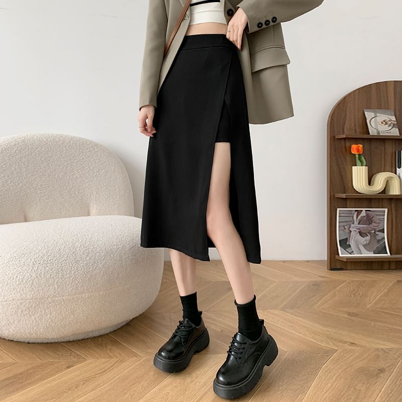 Secolo - Hoge taille effen split midi A-lijn rok