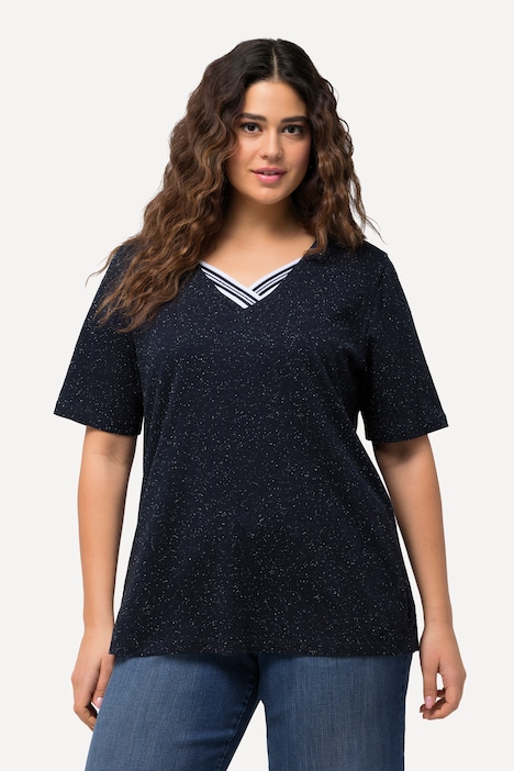 T-Shirt, Noppen, Zierbänder, V-Ausschnitt, Halbarm