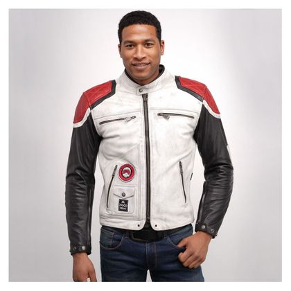 Blouson Helstons TRACKER CUIR RAG - Blanc / Rouge
