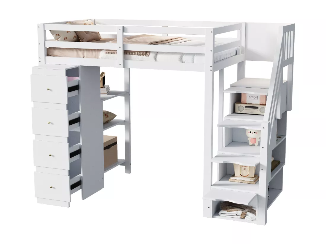 Lit mezzanine 90 x 200 cm avec 4 tiroirs, 4 portes et étagères de rangements - Bois massif + MDF - Sommier à lattes - Blanc