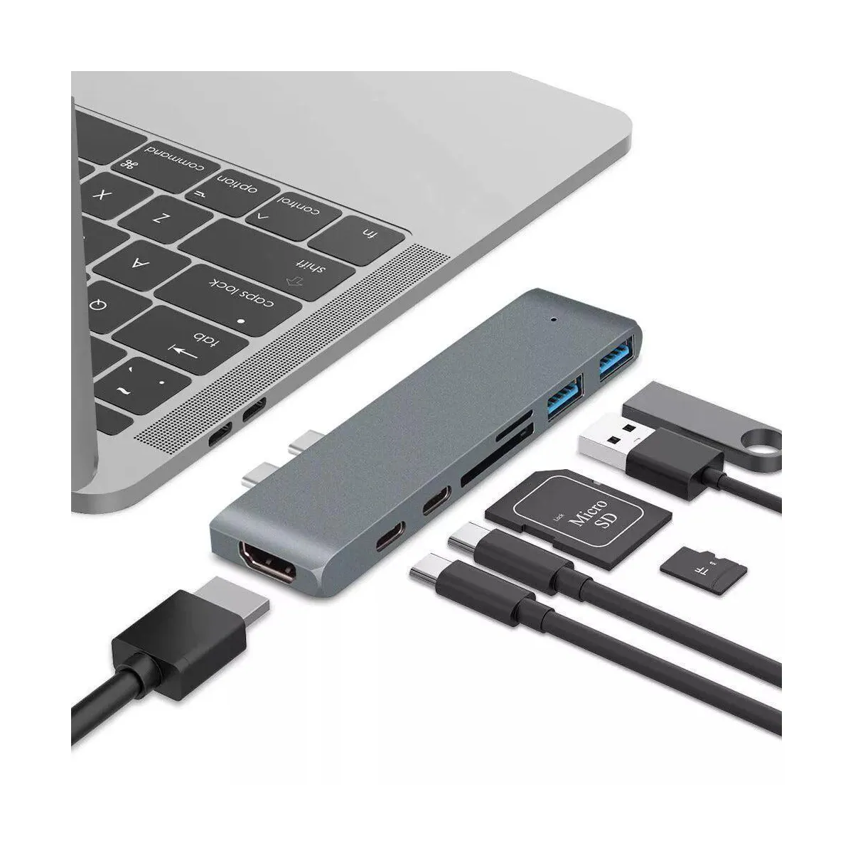 NÖRDIC 2 til 7 USB-C dokkingstasjon for dobbel skjerm for MacBook Pro og Air 1xHDMI 4K30Hz 1xThunderbolt 3xUSB-C 5K60Hz 40G 1xUSB-C 100W PD