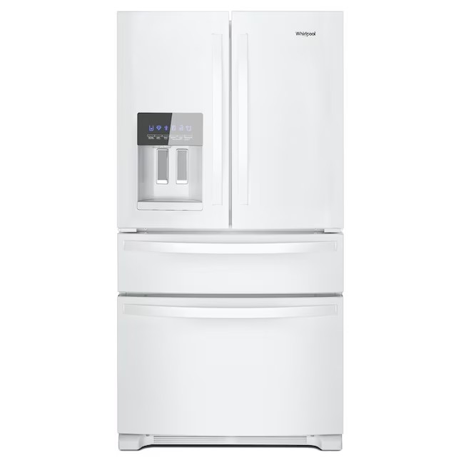 Refrigerador Whirlpool de 24,5 pés cúbicos com 4 portas e sistema French Door, com máquina de gelo (aço inoxidável resistente a impressões digitais) e certificação ENERGY STAR.