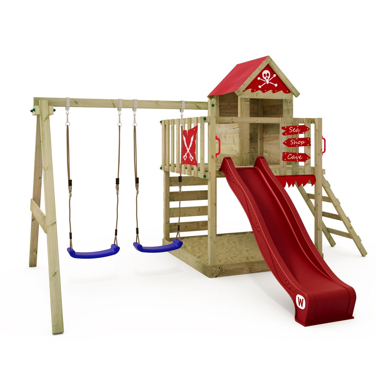 WICKEY Smart Cave speeltoren klimtoestel met schommel en glijbaan, boomhut met zandbak, klimladder en speeltoebehoren - rood