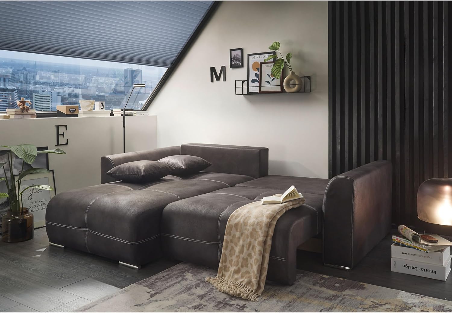 DOLAN Ecksofa mit Schlaffunktion in Lederoptik, Anthrazit - Moderne Eckcouch in L-Form mit Bettkasten - 247 x 90 (70) x 190 cm (B/H/T)