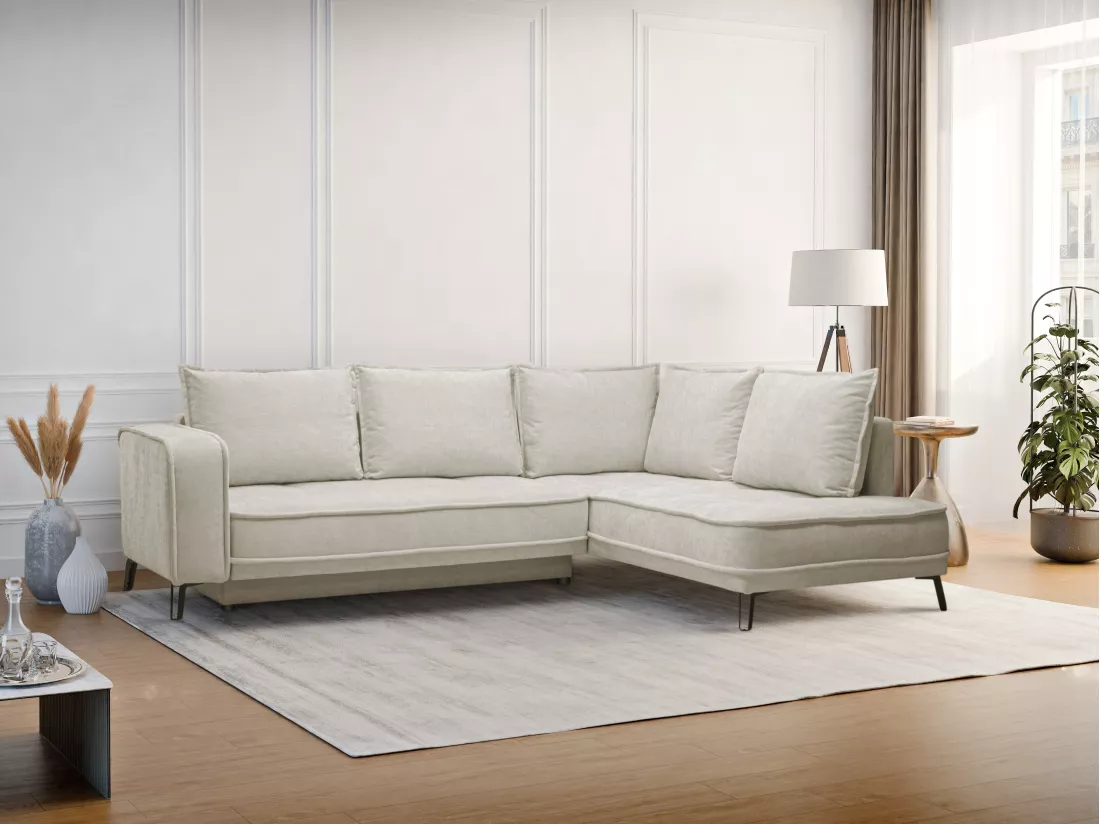 Canapé d'angle droit convertible en tissu beige BALCORIA de Maison Céphy