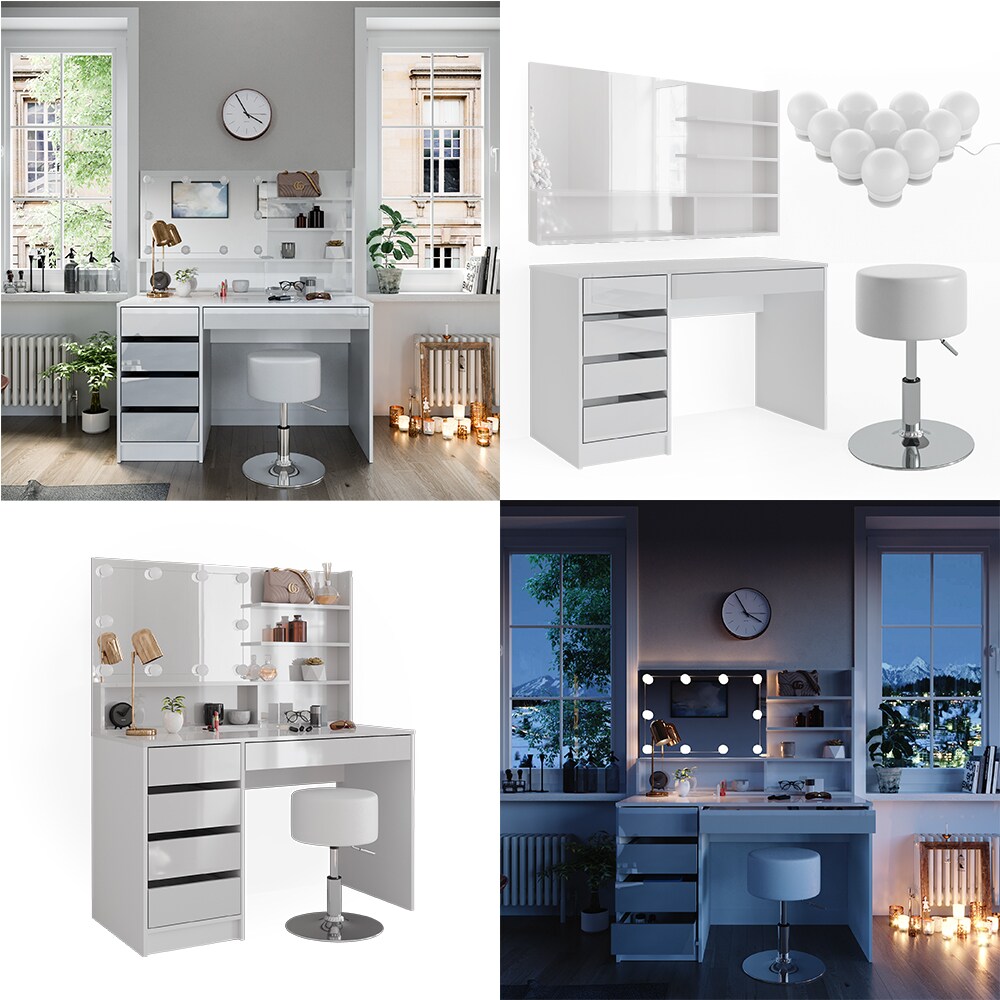 Vicco Schminktisch Sherry Weiß Hochglanz 120 x 75 cm Spiegelregal LED & Hocker