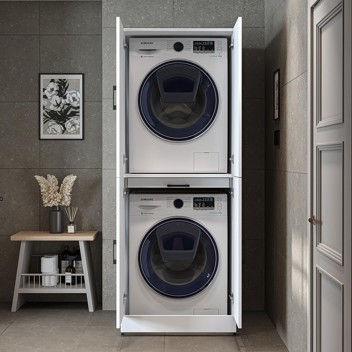 ROOMART Dora Armoire de machine à laver, pour sèche-linge et machine à laver, en 4 couleurs, avec portes et planche coulissante (chêne anthracite)
