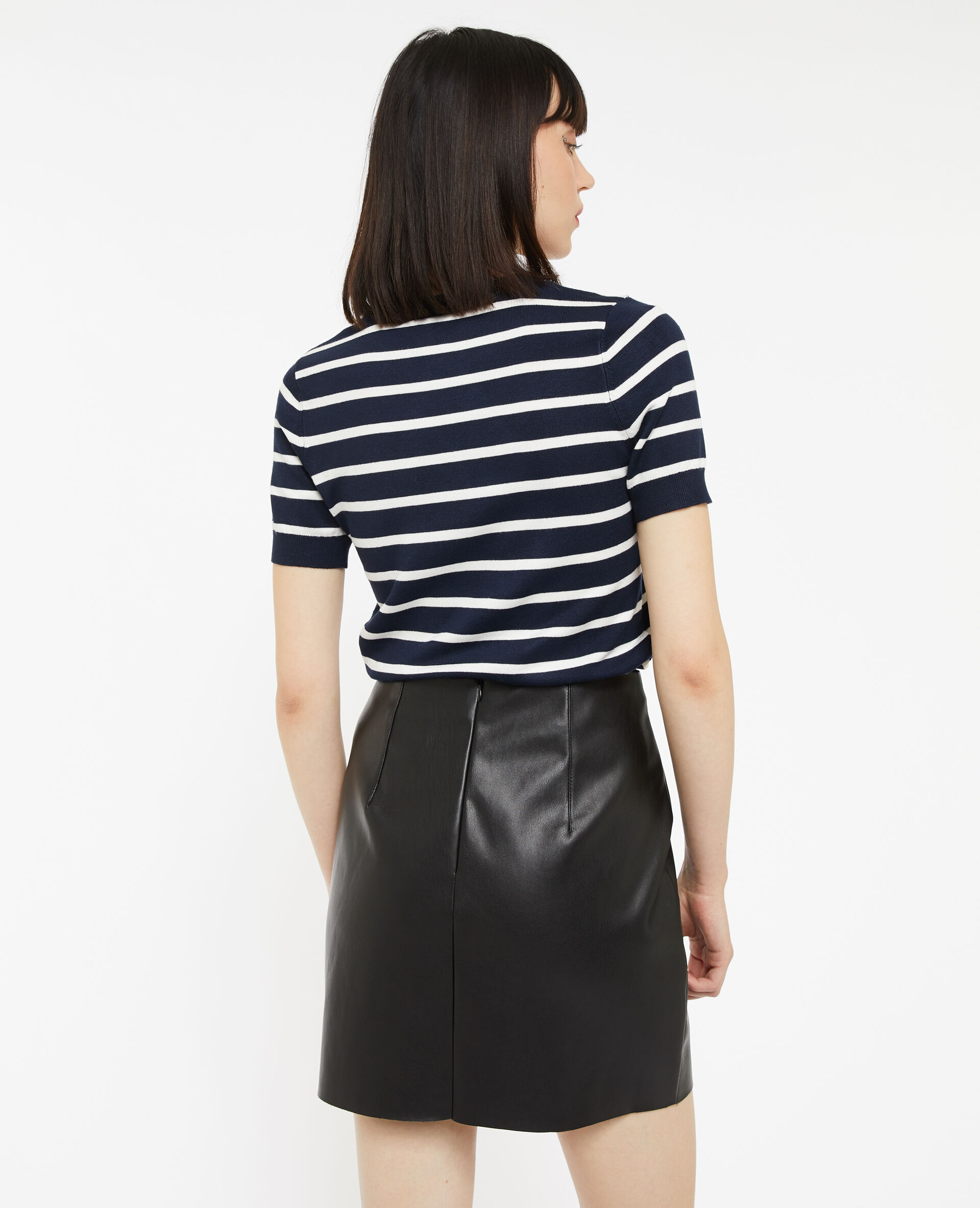 Pull manches courtes rayé en maille fine - Bleu marine