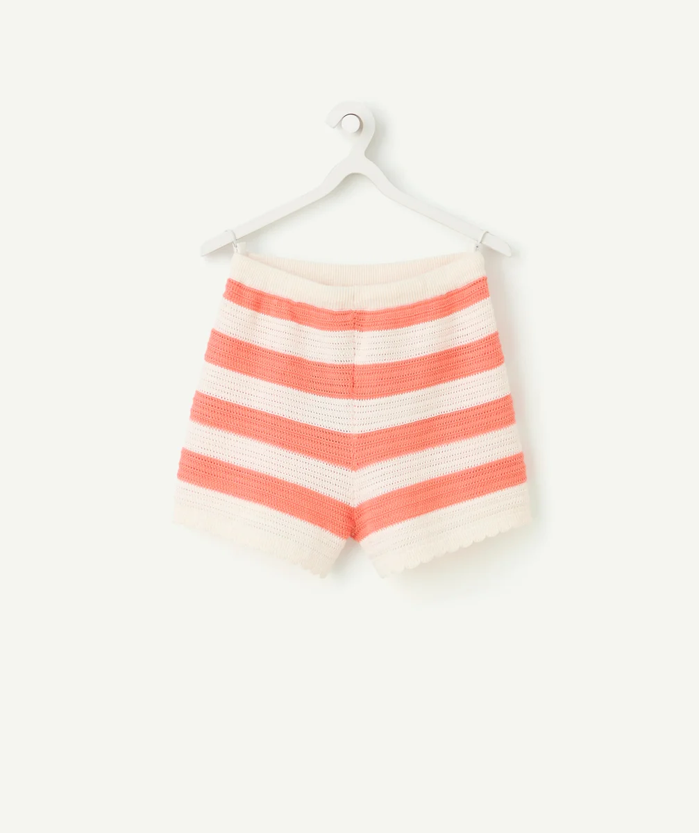 short tricot fille en coton bio rayé corail et blanc