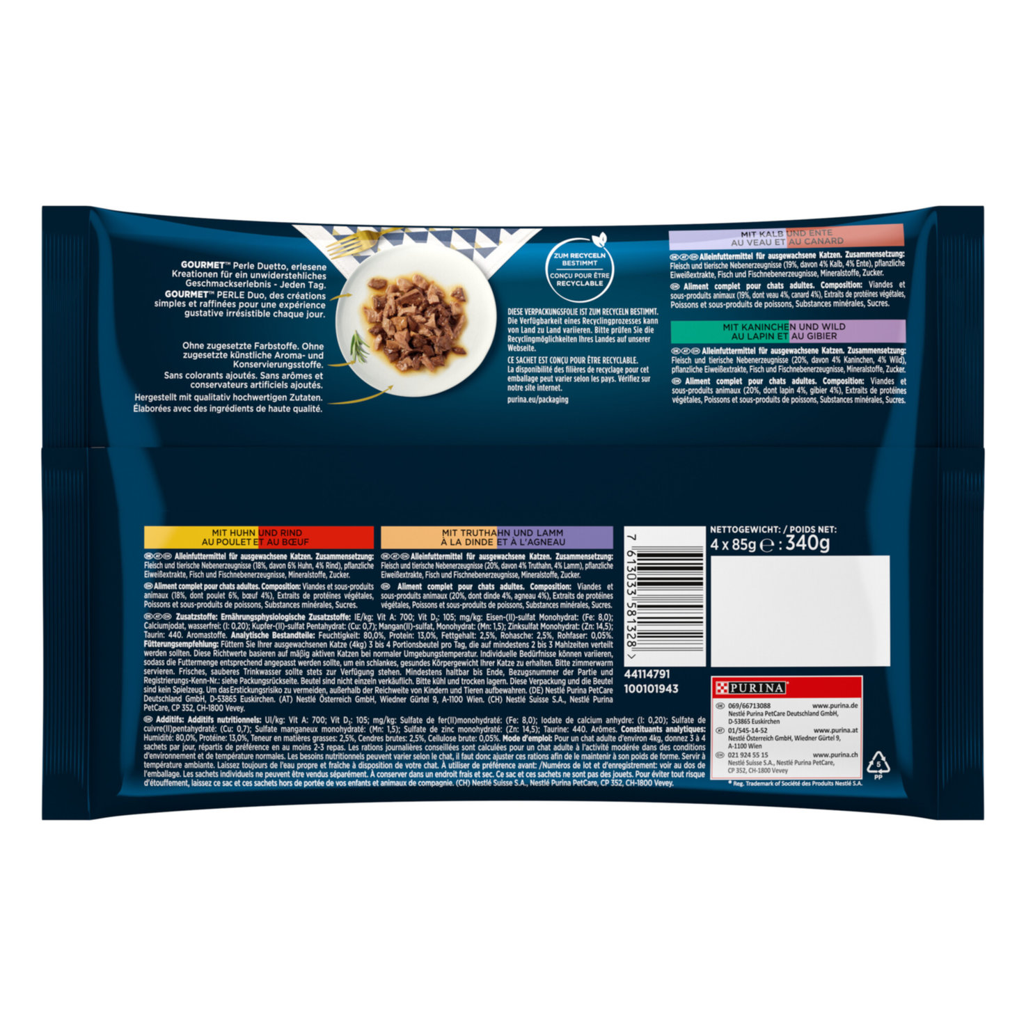GOURMET Perle Duetto, nasses Alleinfuttermittel für ausgewachsene Katzen, 85g Portionsbeutel