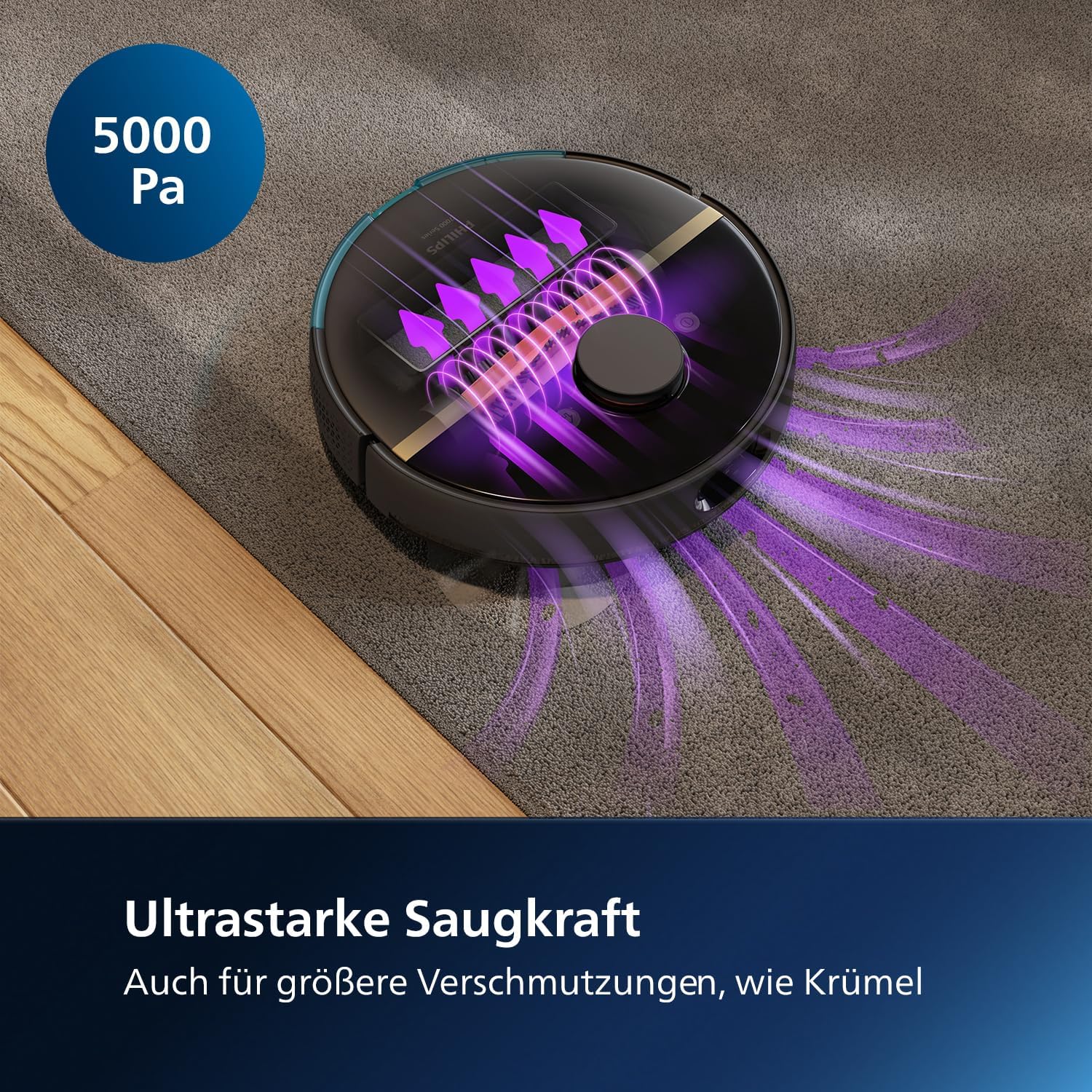 Philips HomeRun 7000 Serie Roboter-Staubsauger und Wischmopp–Ultra-starke 5000 Pa Saugleistung, Automatische Entleerungsstation, Vibrationsmopp, 180 Min Laufzeit, Intelligente App-Steuerung(XU7100/01)