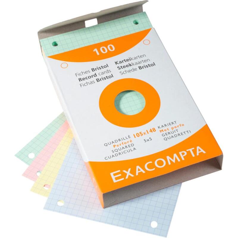 Étui de 100 fiches - bristol quadrillé 5x5 perforé 105x148mm - Couleurs assorties