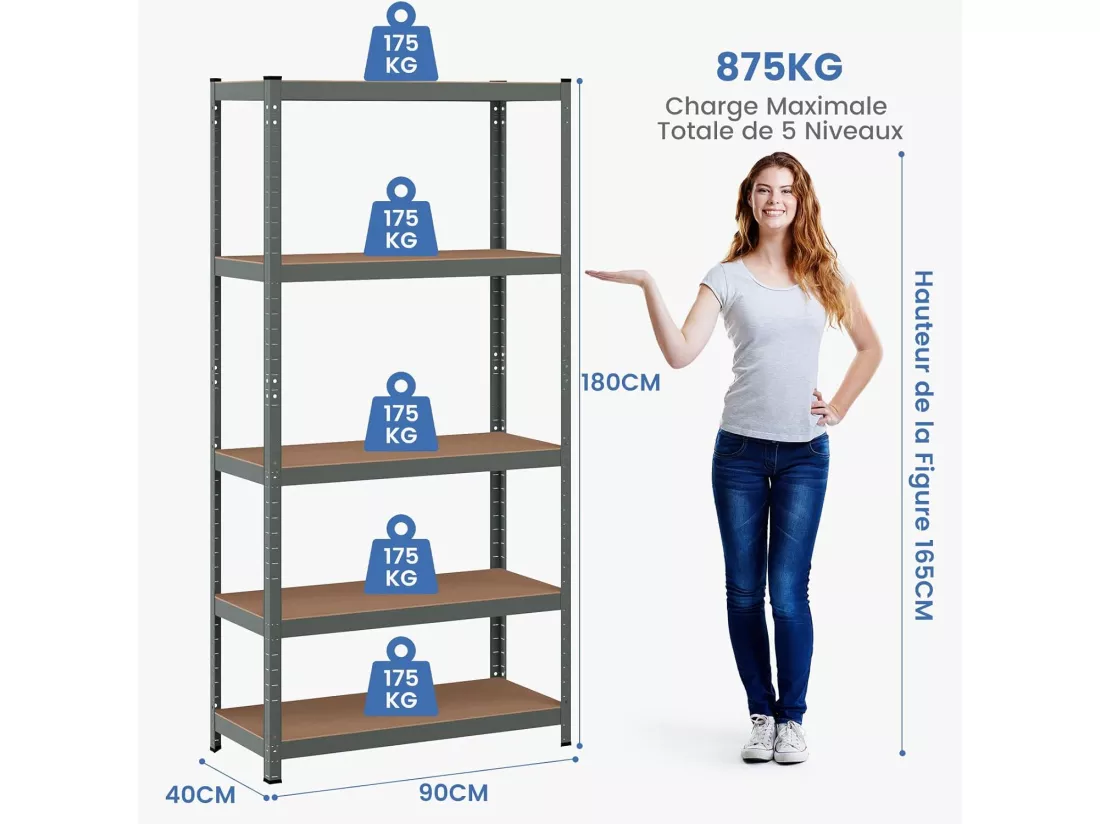 Étagère de rangement à 5 niveaux 46 x 91 x 183 cm, charge lourde totale 1325 kg (gris)
