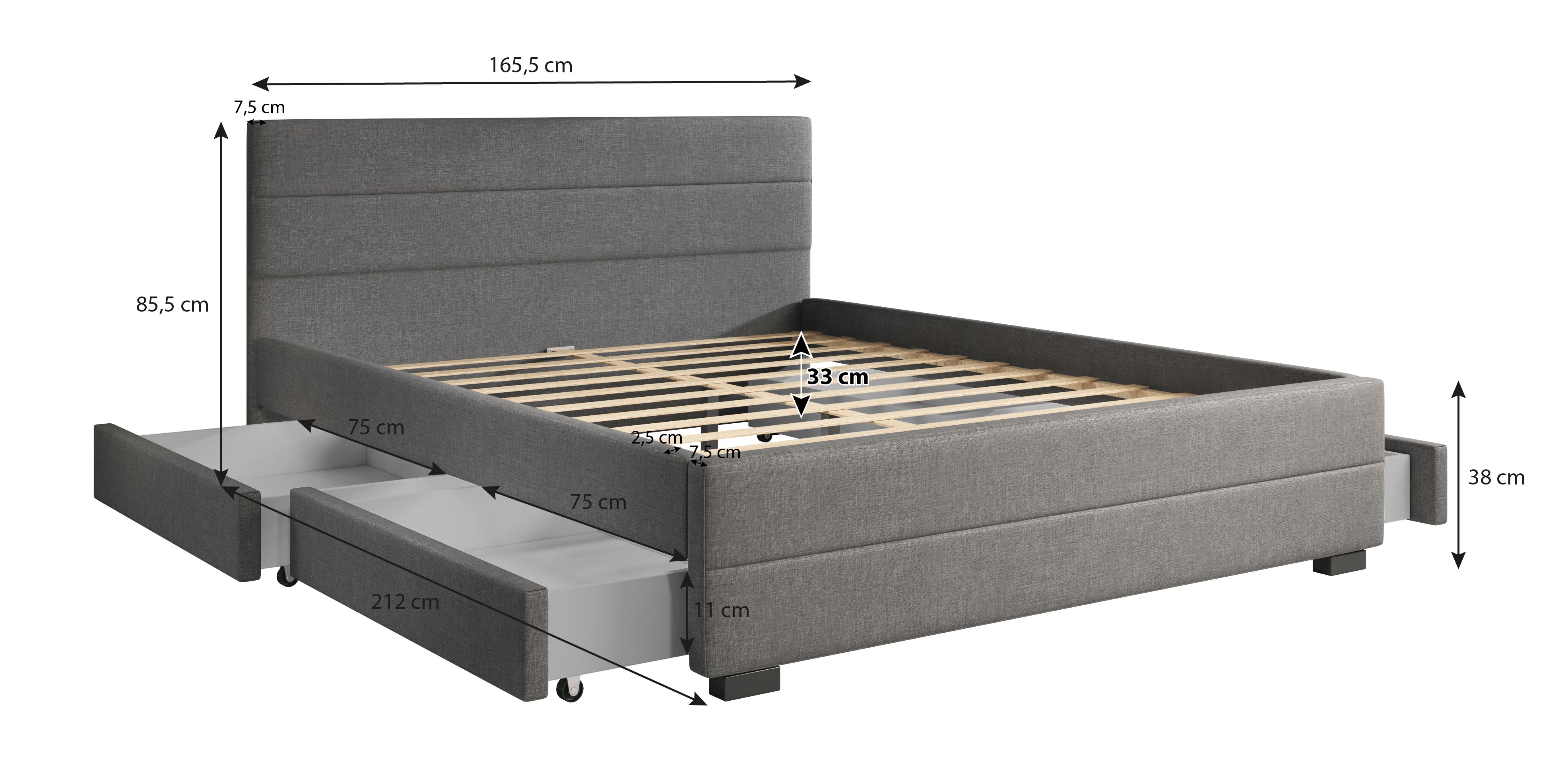Loox - Tweepersoonsbed met 4 lades - Stof zwart - 160x200 cm
