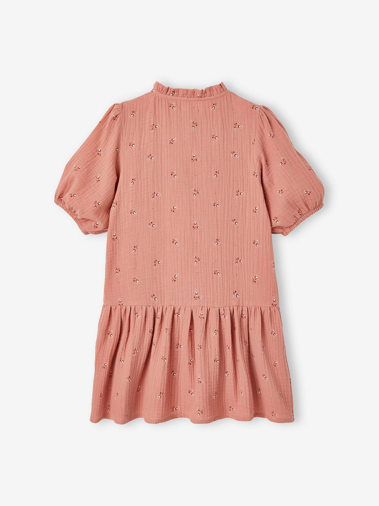 Vestido rosa de chiffon de algodão com botões e mangas 3/4 para meninas