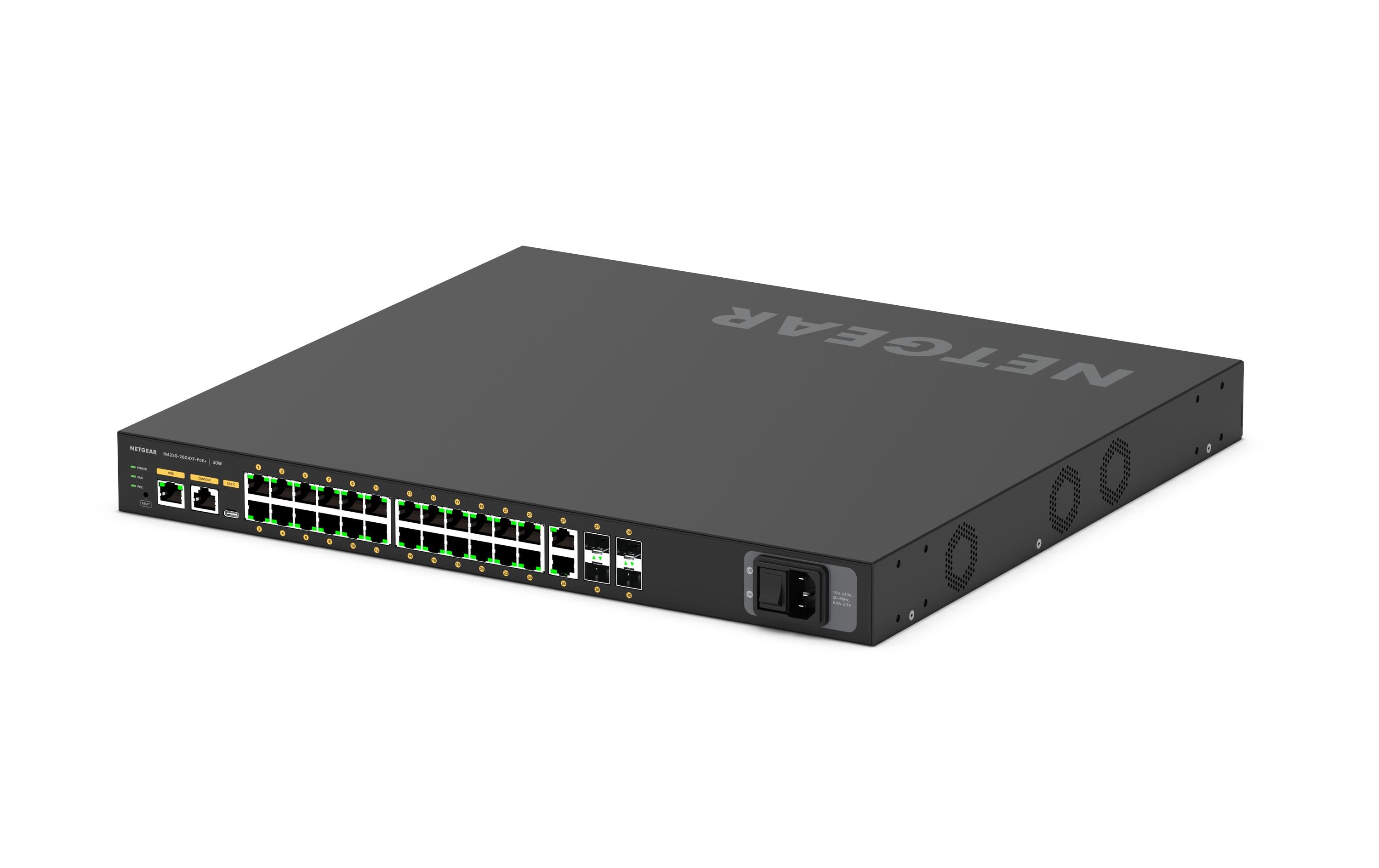 PoE+ Switch AV Line M4250-26G4XF-PoE+ 28 Port<br>NETGEAR AV Line M4250-26G4XF-PoE+ 24x1G PoE+ 480W 2x1G und 4xSFP+ Managed Switch (GSM4230PX)